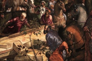 Particolare in cui Tintoretto si raffigura come un uomo barbuto, appoggiato al terrapieno di pietre sconnesse, bloccato in muta contemplazione